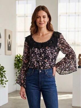 White House Black Market Black Floral On or Off-Shoulder Top with Crochet Yoke